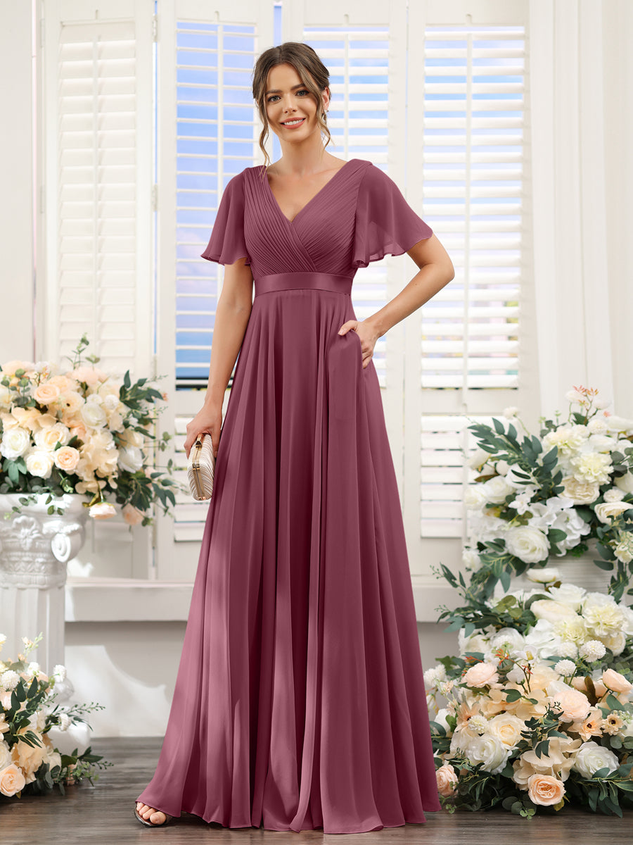 A-Line V-Neck Short Sleeves Chiffon Bridesmaid Dresses with Pockets