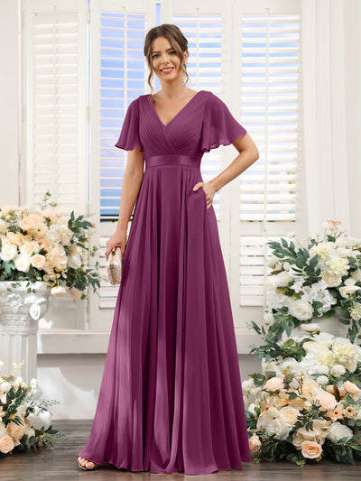 A-Line V-Neck Short Sleeves Chiffon Bridesmaid Dresses with Pockets