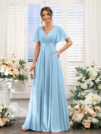 A-Line V-Neck Short Sleeves Chiffon Bridesmaid Dresses with Pockets