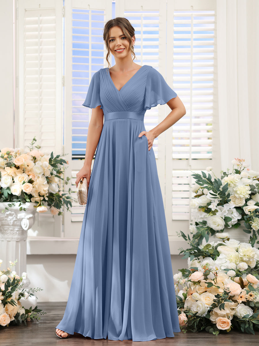 Lavetir Bridesmaid Dresses Light Royal Blue A-Line V-Neck Short Sleeves Chiffon with Pockets 2026