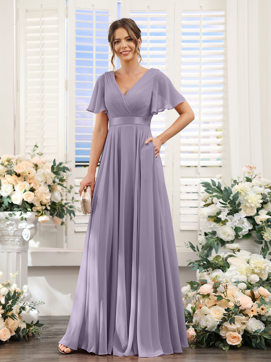 Lavetir Chiffon Bridesmaid Dresses with Pockets A-Line V-Neck Short Sleeves 2026 Steel Blue