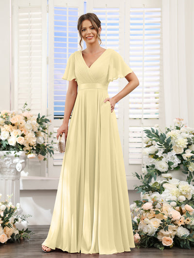 A-Line V-Neck Short Sleeves Chiffon Bridesmaid Dresses with Pockets