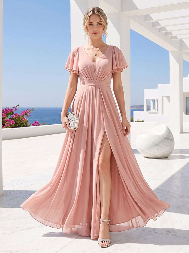 A-Line Deep V-Neck Short Sleeves Split Side Chiffon Bridesmaid Dresses