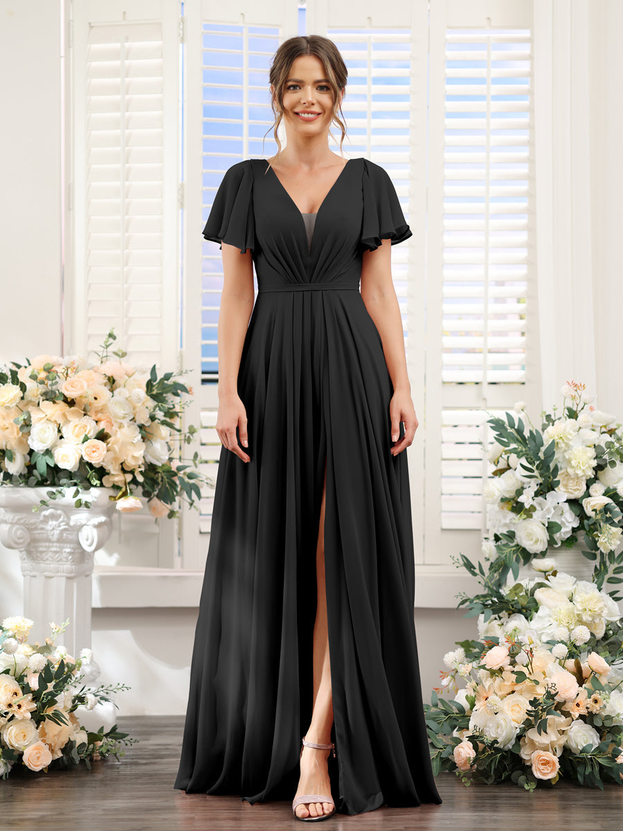 A-Line Deep V-Neck Short Sleeves Split Side Chiffon Bridesmaid Dresses