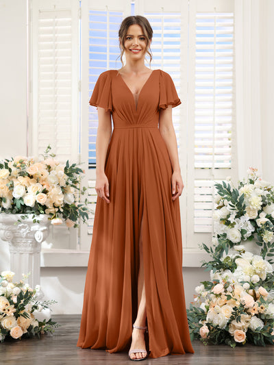 A-Line Deep V-Neck Short Sleeves Split Side Chiffon Bridesmaid Dresses