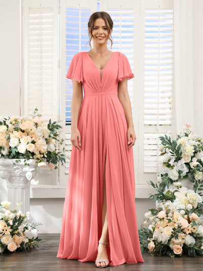 A-Line Deep V-Neck Short Sleeves Split Side Chiffon Bridesmaid Dresses