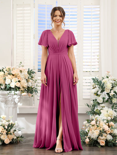 A-Line Deep V-Neck Short Sleeves Split Side Chiffon Bridesmaid Dresses