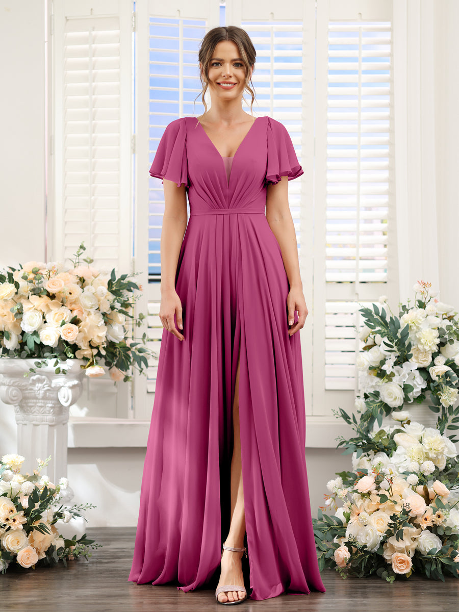 A-Line Deep V-Neck Short Sleeves Split Side Chiffon Bridesmaid Dresses