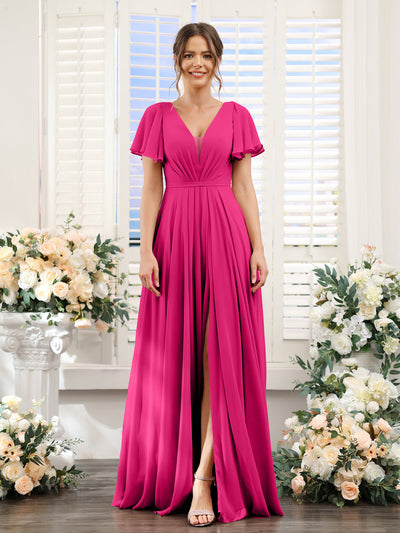 A-Line Deep V-Neck Short Sleeves Split Side Chiffon Bridesmaid Dresses