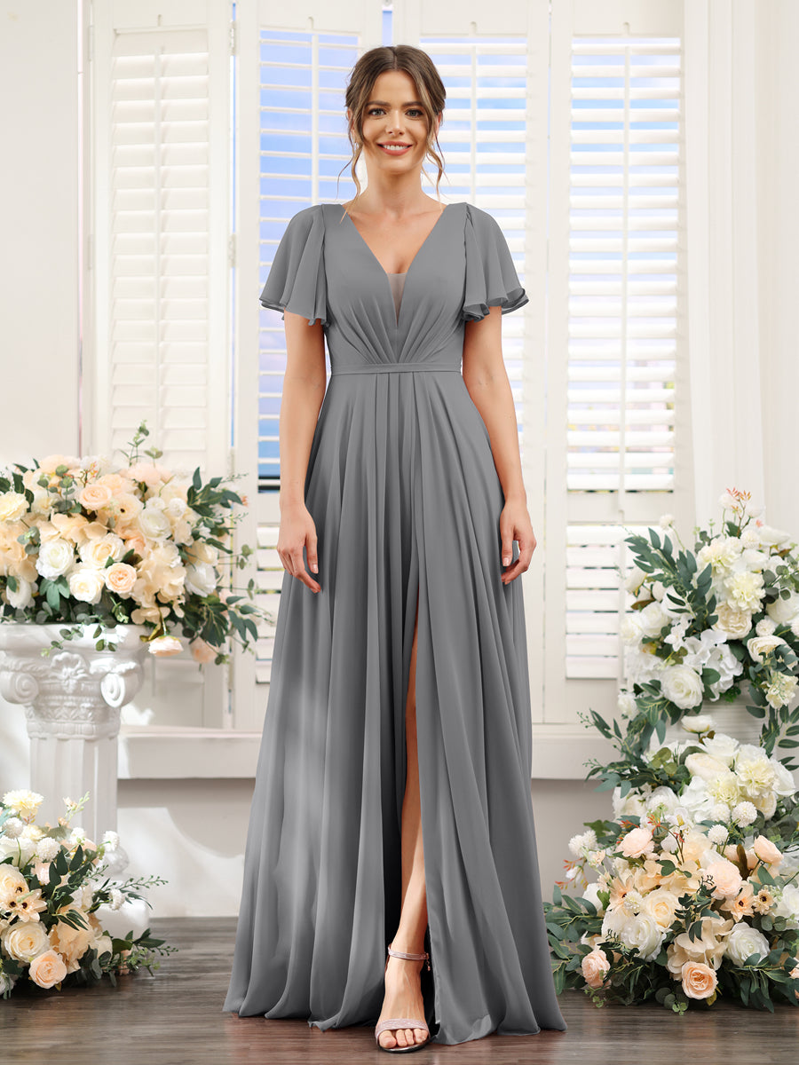 A-Line Deep V-Neck Short Sleeves Split Side Chiffon Bridesmaid Dresses