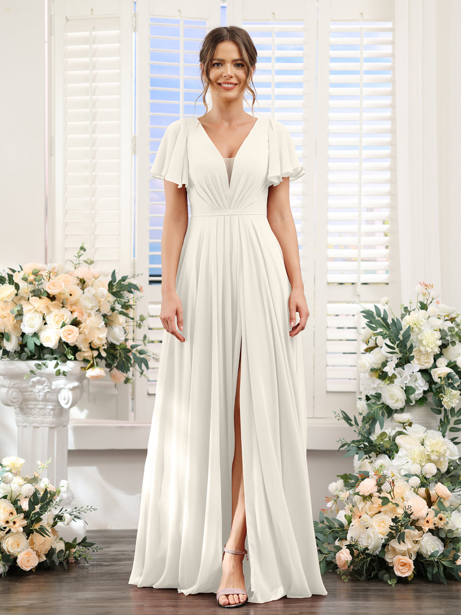 A-Line Deep V-Neck Short Sleeves Split Side Chiffon Bridesmaid Dresses