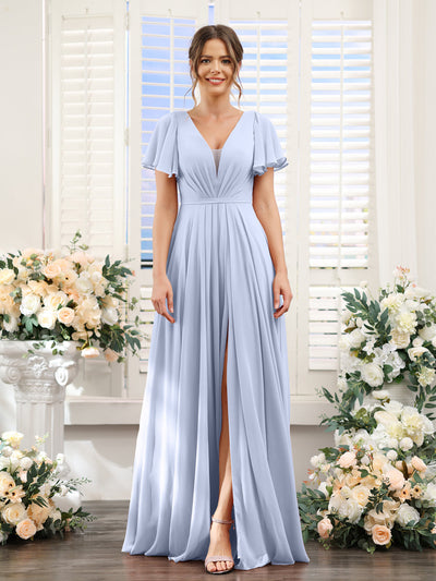 A-Line Deep V-Neck Short Sleeves Split Side Chiffon Bridesmaid Dresses