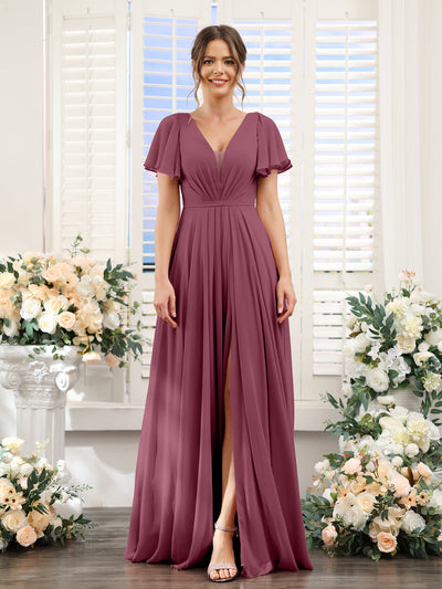 A-Line Deep V-Neck Short Sleeves Split Side Chiffon Bridesmaid Dresses