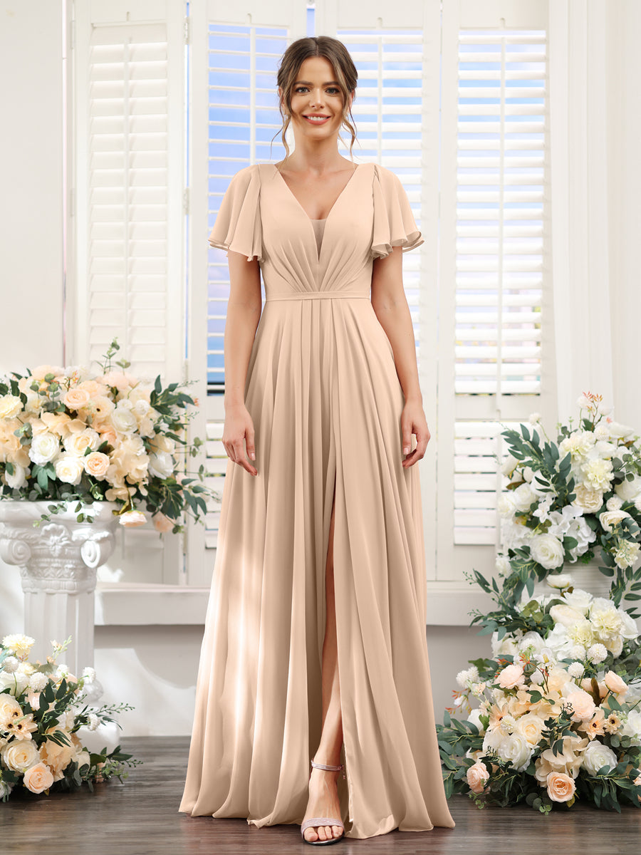 A-Line Deep V-Neck Short Sleeves Split Side Chiffon Bridesmaid Dresses