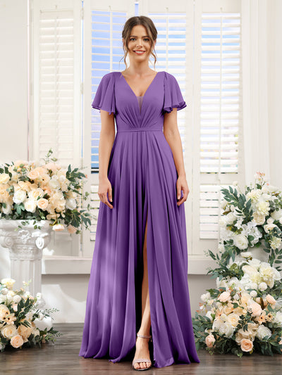 A-Line Deep V-Neck Short Sleeves Split Side Chiffon Bridesmaid Dresses