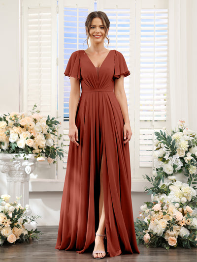 A-Line Deep V-Neck Short Sleeves Split Side Chiffon Bridesmaid Dresses