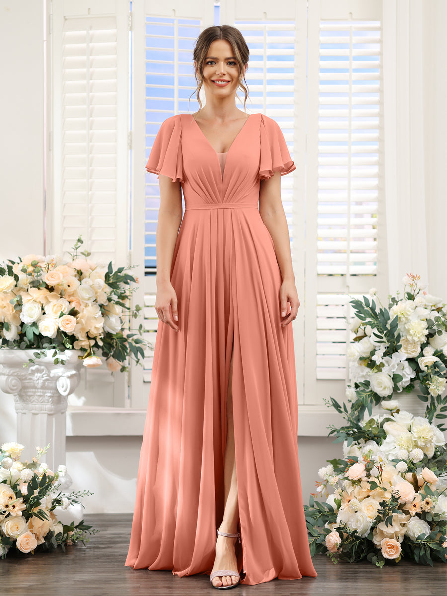 A-Line Deep V-Neck Short Sleeves Split Side Chiffon Bridesmaid Dresses