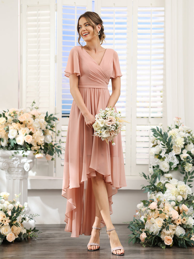 A-Line/Princess V-Neck Short Sleeves Ruched Floral Bridesmaid Dresses