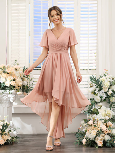 A-Line V-Neck Short Sleeves Ruched Asymmetrical Chiffon Bridesmaid Dresses