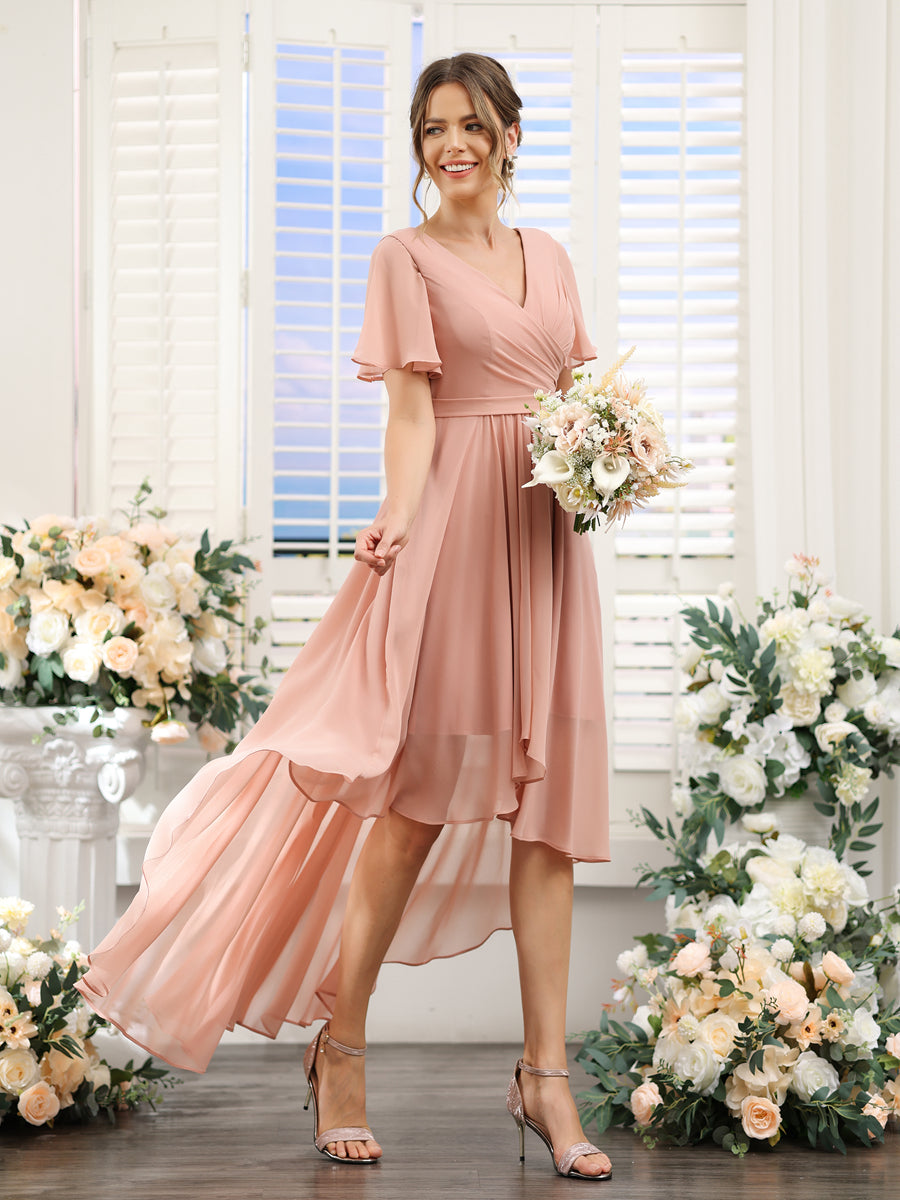 A-Line V-Neck Short Sleeves Ruched Asymmetrical Chiffon Bridesmaid Dresses