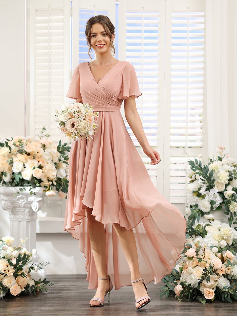 A-Line V-Neck Short Sleeves Ruched Asymmetrical Chiffon Bridesmaid Dresses