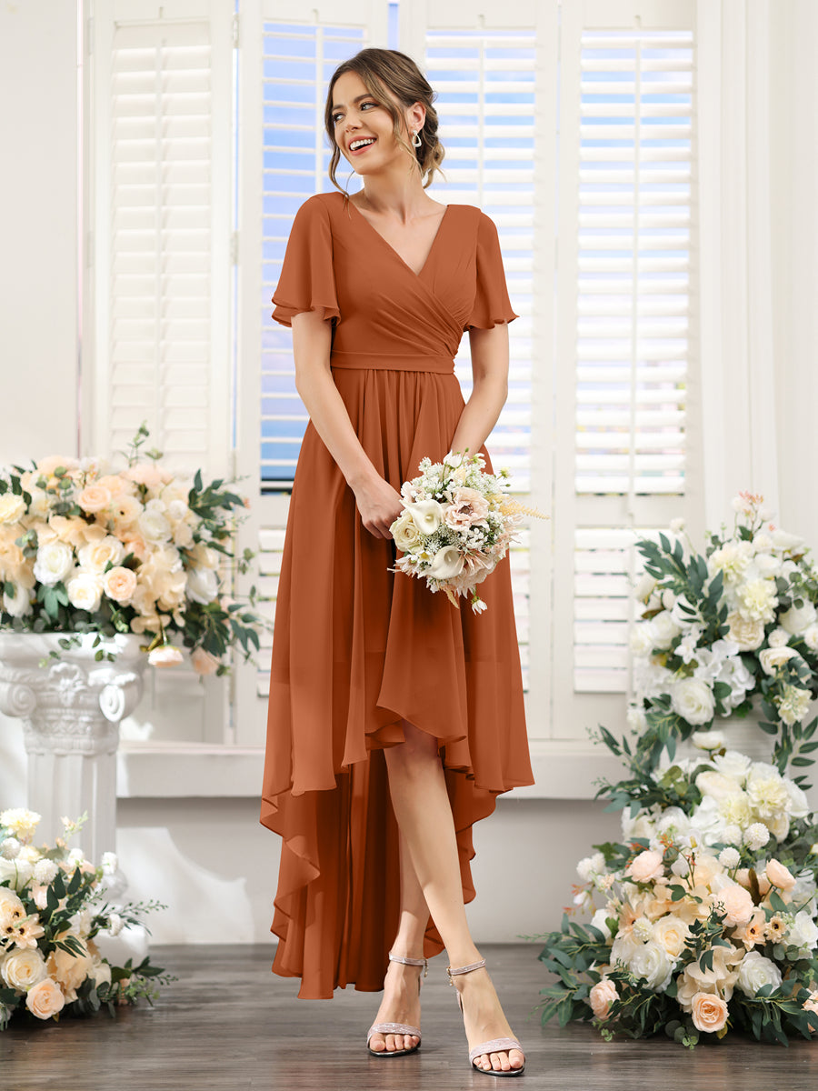 A-Line V-Neck Short Sleeves Ruched Asymmetrical Chiffon Bridesmaid Dresses