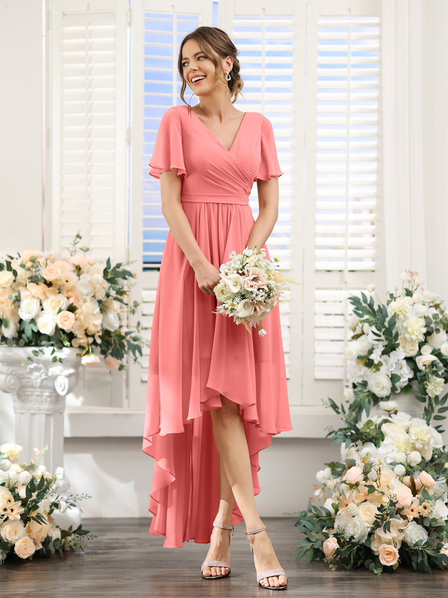 A-Line V-Neck Short Sleeves Ruched Asymmetrical Chiffon Bridesmaid Dresses