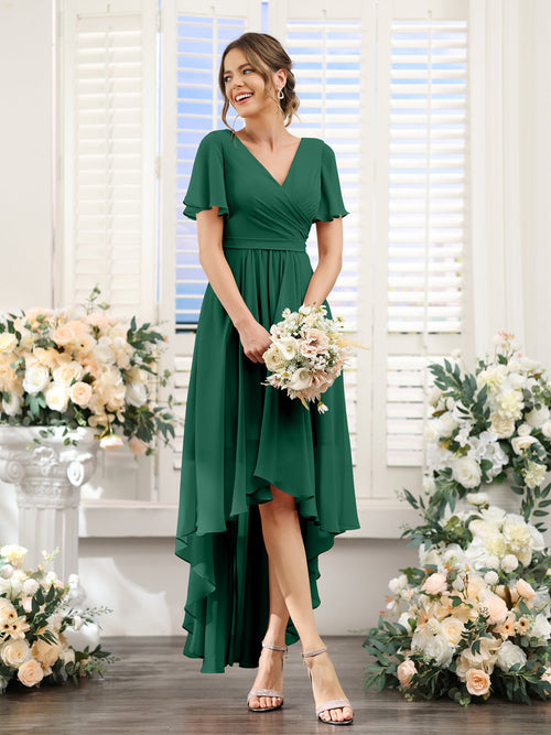 A-Line V-Neck Short Sleeves Ruched Asymmetrical Chiffon Bridesmaid Dresses
