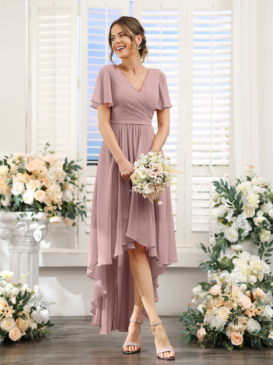 A-Line V-Neck Short Sleeves Ruched Asymmetrical Chiffon Bridesmaid Dresses