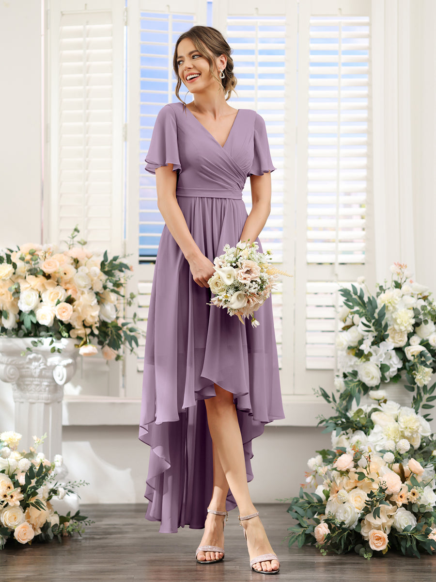 A-Line V-Neck Short Sleeves Ruched Asymmetrical Chiffon Bridesmaid Dresses