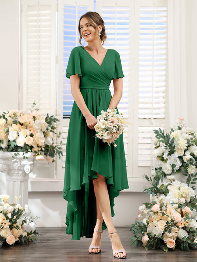 A-Line V-Neck Short Sleeves Ruched Asymmetrical Chiffon Bridesmaid Dresses