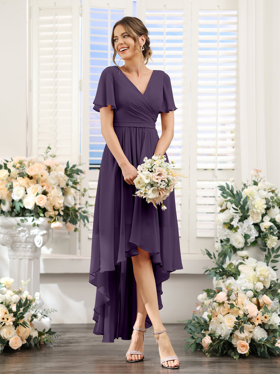 A-Line V-Neck Short Sleeves Ruched Asymmetrical Chiffon Bridesmaid Dresses