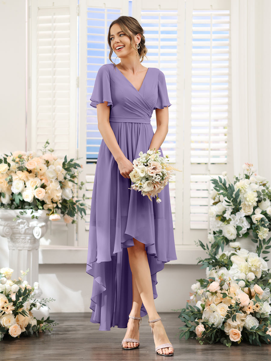 A-Line V-Neck Short Sleeves Ruched Asymmetrical Chiffon Bridesmaid Dresses