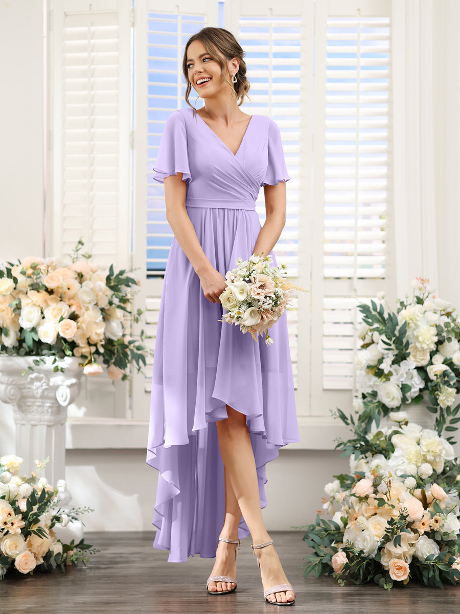 Lavetir Bridesmaid Dresses Sage A-Line V-Neck Short Sleeves Ruched Asymmetrical Chiffon 2026