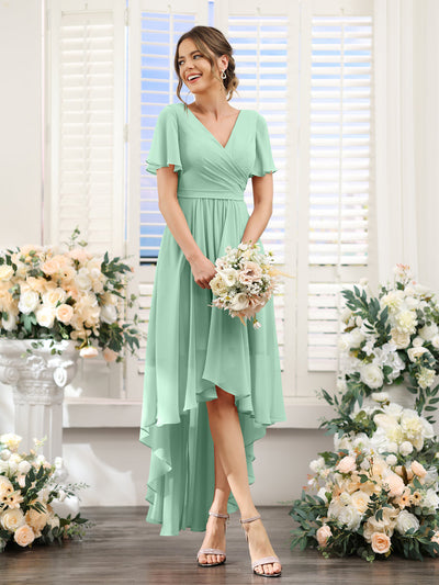 A-Line V-Neck Short Sleeves Ruched Asymmetrical Chiffon Bridesmaid Dresses