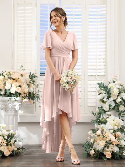 A-Line V-Neck Short Sleeves Ruched Asymmetrical Chiffon Bridesmaid Dresses