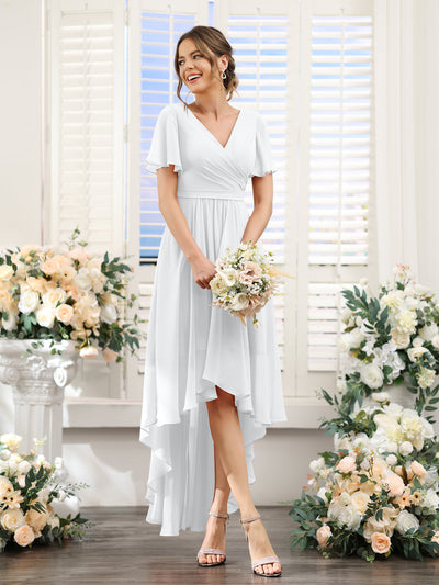 A-Line V-Neck Short Sleeves Ruched Asymmetrical Chiffon Bridesmaid Dresses