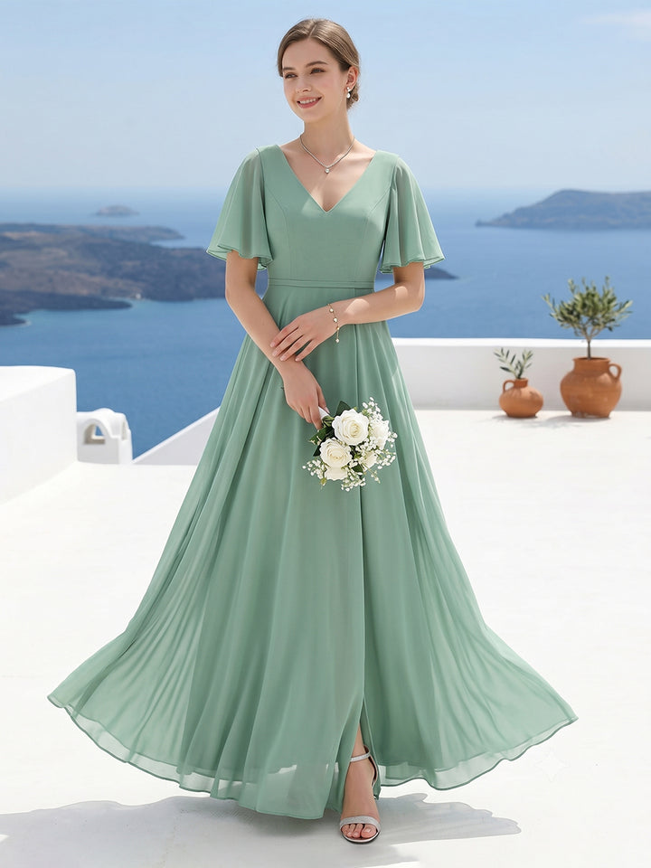A-Line V-Neck Short Sleeves Split Side Ruffles Chiffon Bridesmaid Dresses