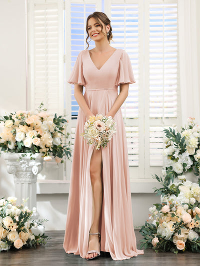 A-Line V-Neck Short Sleeves Split Side Ruffles Chiffon Bridesmaid Dresses