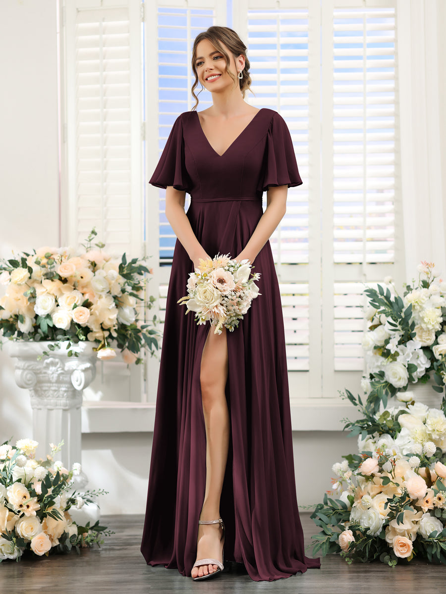 A-Line V-Neck Short Sleeves Split Side Ruffles Chiffon Bridesmaid Dresses