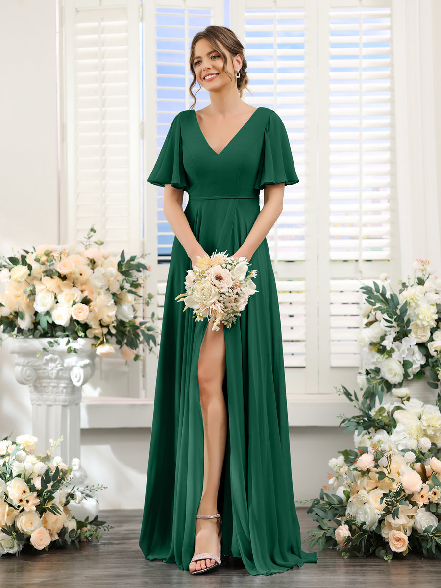 A-Line V-Neck Short Sleeves Split Side Ruffles Chiffon Bridesmaid Dresses