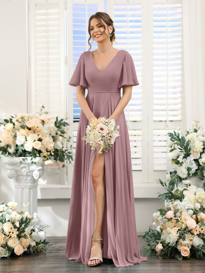 A-Line V-Neck Short Sleeves Split Side Ruffles Chiffon Bridesmaid Dresses