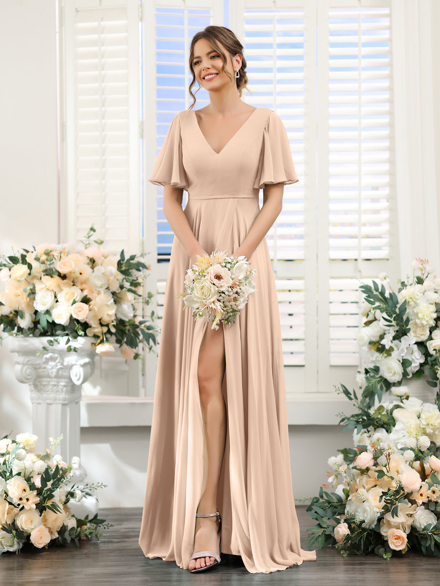 A-Line V-Neck Short Sleeves Split Side Ruffles Chiffon Bridesmaid Dresses