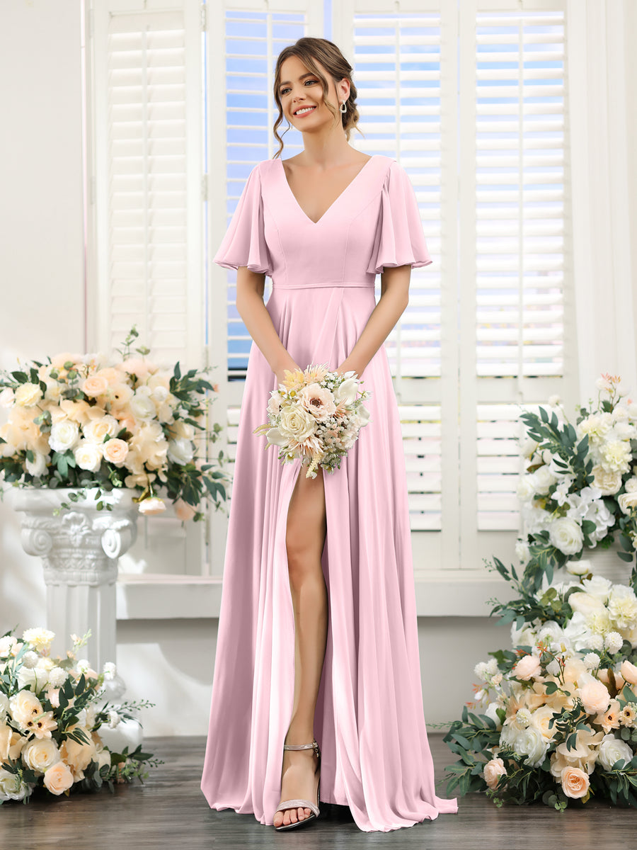 A-Line V-Neck Short Sleeves Split Side Ruffles Chiffon Bridesmaid Dresses