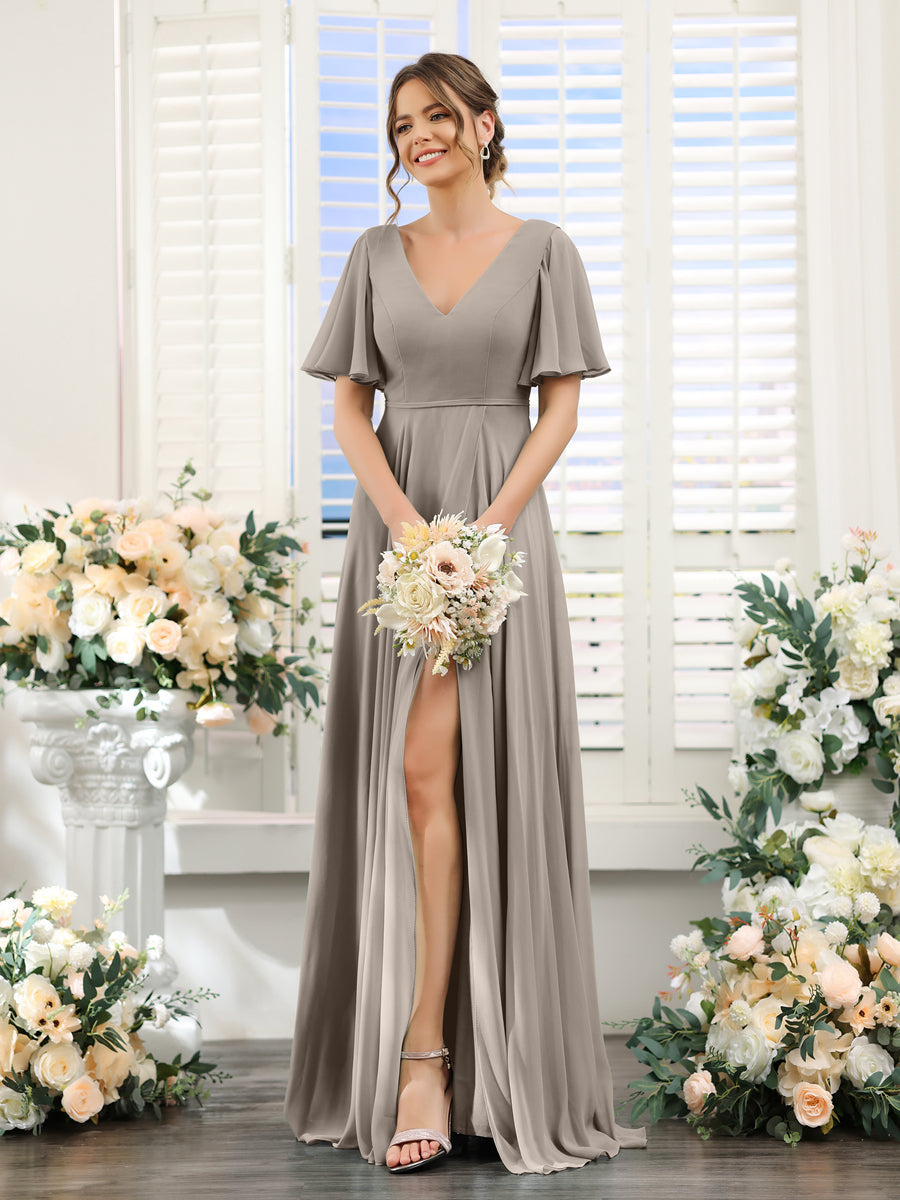 A-Line V-Neck Short Sleeves Split Side Ruffles Chiffon Bridesmaid Dresses