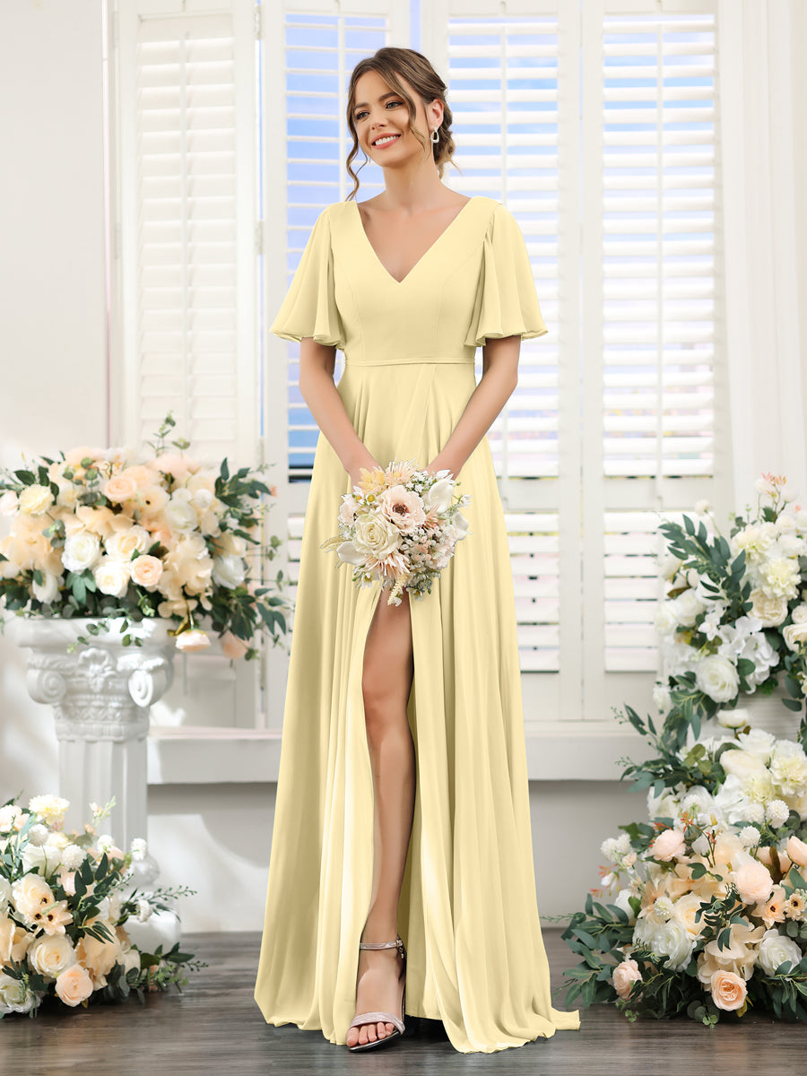 A-Line V-Neck Short Sleeves Split Side Ruffles Chiffon Bridesmaid Dresses