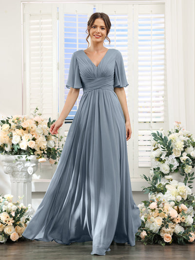 Dusty Blue Long Sparkly Glitter Prom Dress - PromGirl