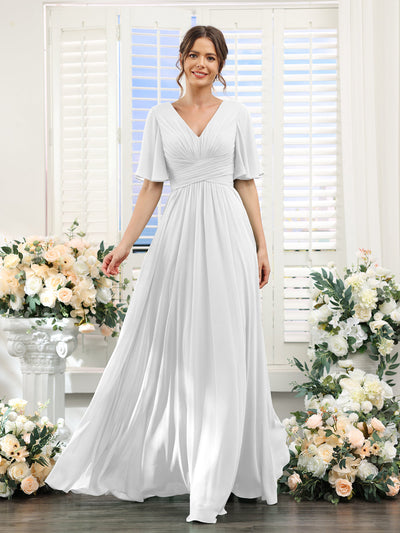 A-Line V-Neck Half Sleeves Split Side Chiffon Bridesmaid Dresses With Pockets