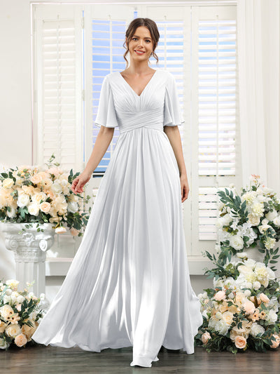 A-Line V-Neck Half Sleeves Split Side Chiffon Bridesmaid Dresses With Pockets