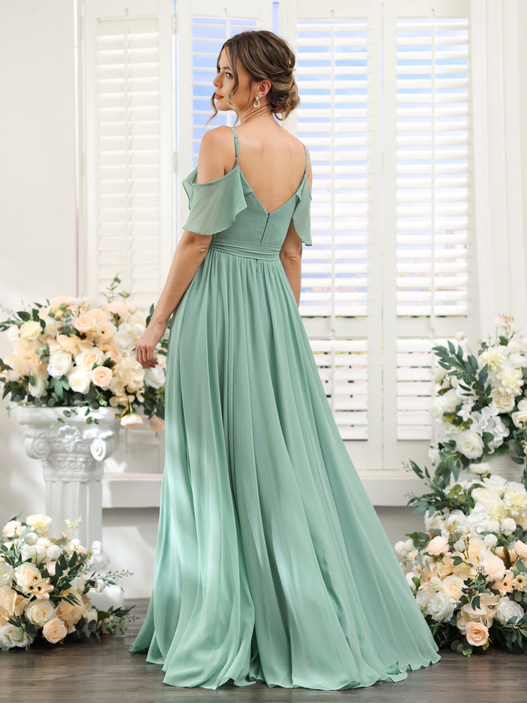 Spaghetti Straps Chiffon Dress with V Neck & Sash Bow Mint Green Plus Size